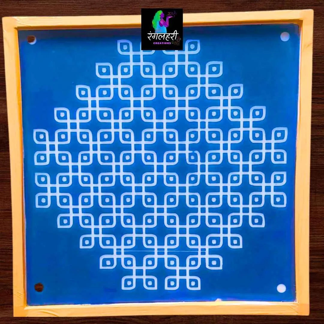 W1402 : Kolam Stencil 14 by 14 Inch Wooden Square Rangoli Stencil - Ranglahari Creations