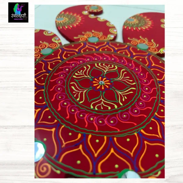 HD3 : Red Mirror Handicraft Rajasthani Art Wooden Readymade Rangoli